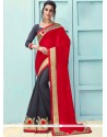 Patch Border Work Grey And Red Faux Georgette Half N Half Saree