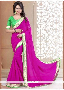 Hot Pink Patch Border Work Faux Georgette Casual Saree