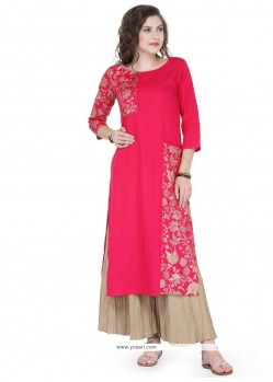 Hot Pink Print Work Cotton Party Wear Kurti