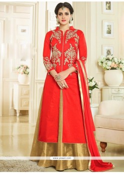 Art Silk Red Long Choli Lehenga