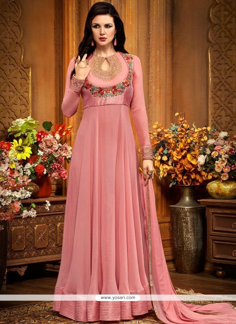 Buy Pink Embroidered Work Faux Georgette Floor Length Anarkali Suit ...