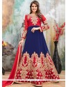 Faux Georgette Blue And Red Floor Length Anarkali Suit