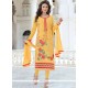 Lace Work Faux Georgette Yellow Churidar Designer Suit