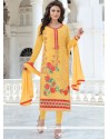 Lace Work Faux Georgette Yellow Churidar Designer Suit