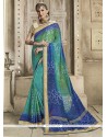 Embroidered Work Blue And Sea Green Shaded Saree