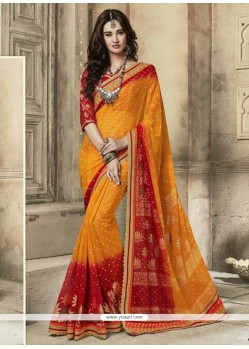 Mustard And Red Faux Georgette Classic Saree