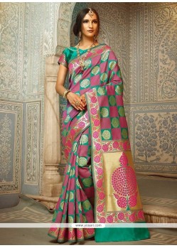 Pink And Sea Green Handloom Silk Designer Traditional Saree