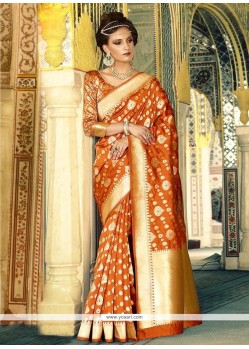 Orange Weaving Work Handloom Silk Traditional Designer Saree
