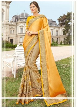 Faux Georgette Beige And Yellow Patch Border Work Classic Designer Saree