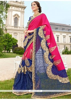 Patch Border Work Blue And Hot Pink Net Classic Designer Saree