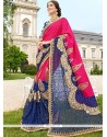 Patch Border Work Blue And Hot Pink Net Classic Designer Saree