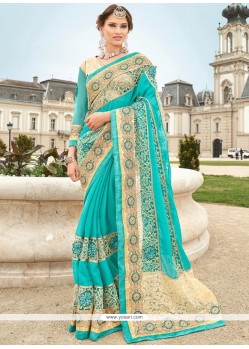 Turquoise Embroidered Work Chiffon Satin Classic Designer Saree