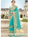 Turquoise Embroidered Work Chiffon Satin Classic Designer Saree