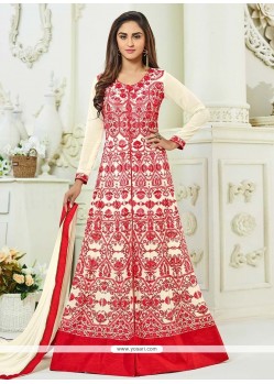 Krystle Dsouza Resham Work Cream And Red Floor Length Anarkali Suit