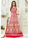 Krystle Dsouza Resham Work Cream And Red Floor Length Anarkali Suit