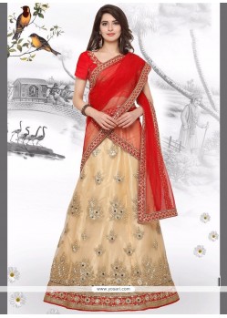 Beige And Red Embroidered Work Net Lehenga Choli