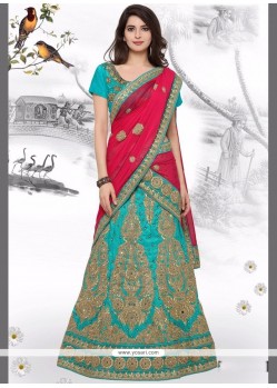 Blue And Hot Pink Embroidered Work Art Silk Lehenga Choli