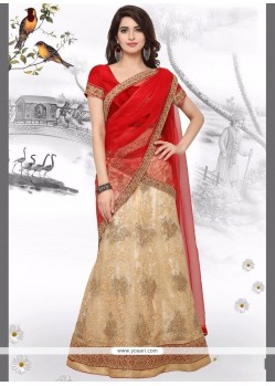 Resham Work Beige And Red Lehenga Choli