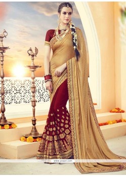 Gold And Maroon Patch Border Work Designer Half N Half Saree