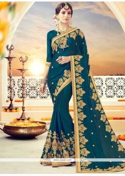 Faux Georgette Teal Embroidered Work Classic Designer Saree