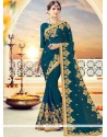 Faux Georgette Teal Embroidered Work Classic Designer Saree