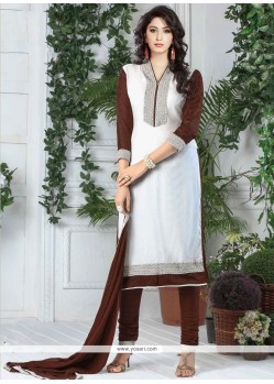 Embroidered Work Brown And White Cotton Churidar Suit