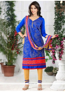 Embroidered Work Blue Churidar Suit