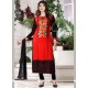 Cotton Black And Red Embroidered Work Churidar Suit