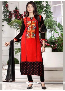 Cotton Black And Red Embroidered Work Churidar Suit