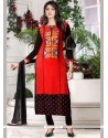 Cotton Black And Red Embroidered Work Churidar Suit