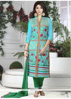 Cotton Blue Resham Work Churidar Suit