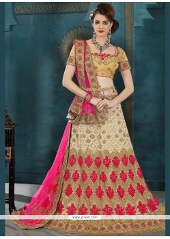 Beige And Hot Pink Patch Border Work Lehenga Choli