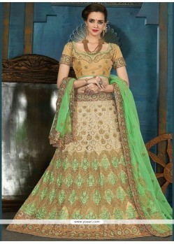 Beige And Green Resham Work Net Lehenga Choli