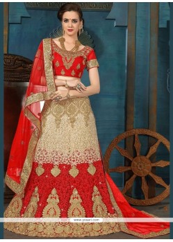 Resham Work Cream And Red Lehenga Choli