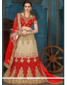 Resham Work Cream And Red Lehenga Choli