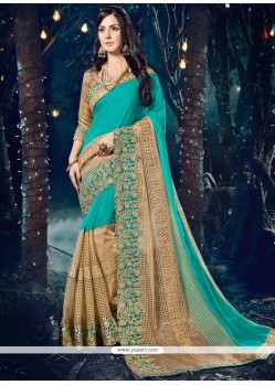 Beige And Turquoise Embroidered Work Faux Chiffon Classic Designer Saree