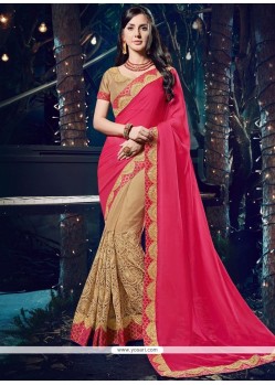 Embroidered Net Designer Half N Half Saree In Beige And Hot Pink