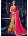 Embroidered Net Designer Half N Half Saree In Beige And Hot Pink