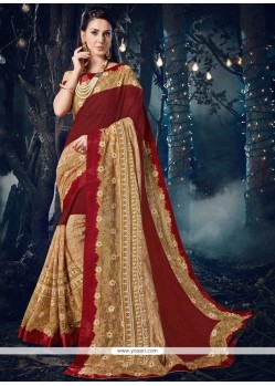 Faux Chiffon Maroon Patch Border Work Designer Saree