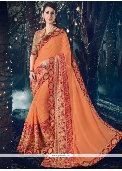 Orange Patch Border Work Faux Chiffon Designer Saree