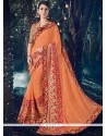 Orange Patch Border Work Faux Chiffon Designer Saree