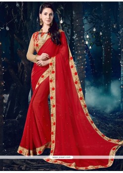 Red Patch Border Work Faux Chiffon Classic Designer Saree