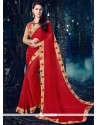 Red Patch Border Work Faux Chiffon Classic Designer Saree