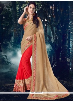 Faux Chiffon Beige And Red Half N Half Designer Saree