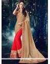 Faux Chiffon Beige And Red Half N Half Designer Saree