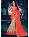 Patch Border Work Beige And Orange Faux Chiffon Designer Half N Half Saree