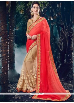 Beige And Orange Faux Georgette Designer Half N Half Saree