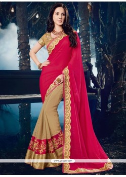 Beige And Hot Pink Embroidered Work Designer Half N Half Saree