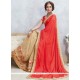 Faux Georgette Beige And Red Resham Work Half N Half Designer Saree