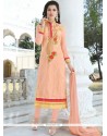 Peach Lace Work Faux Georgette Churidar Designer Suit